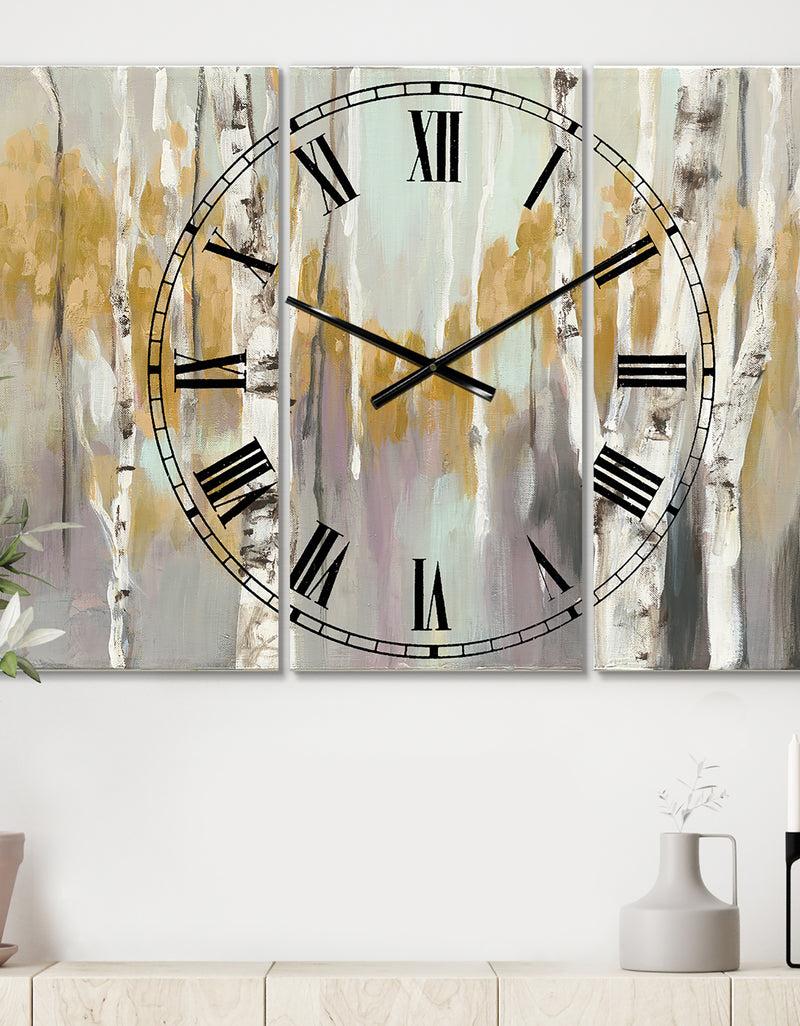 designq The Gray Barn Jartop 'Silver and Yellow Birch Forest II - 3-panel Oversized Metal Clock