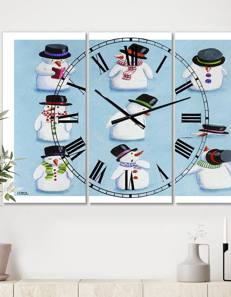 designq The Melting Snowmen - Oversized Modern Wall Clock - 3 Panels