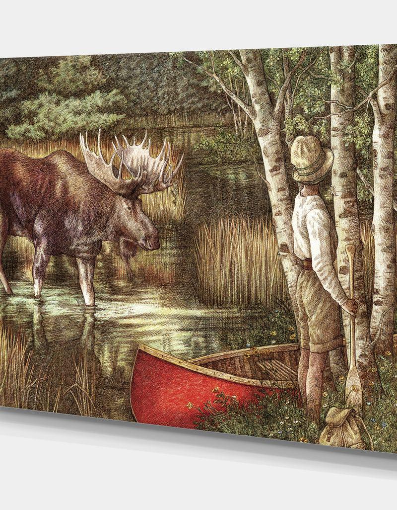 Designq The Moose And The Man With THe Red Canoe - Traditional Canvas Art Print