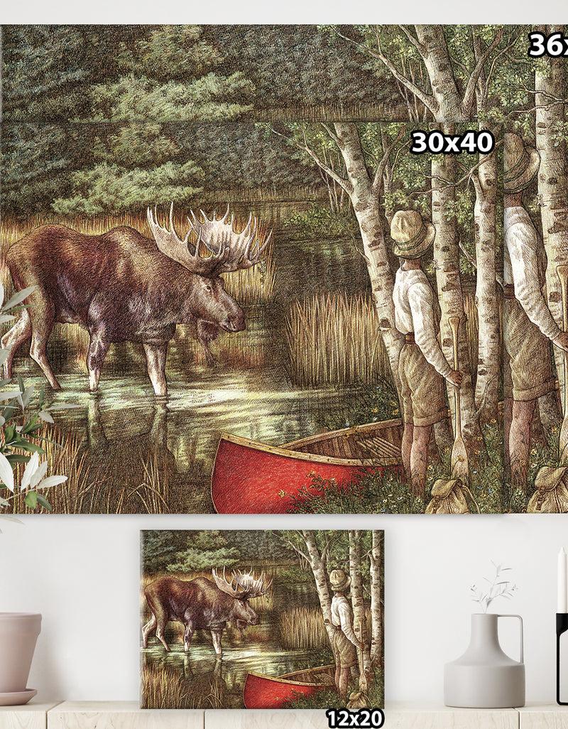 Designq The Moose And The Man With THe Red Canoe - Traditional Canvas Art Print