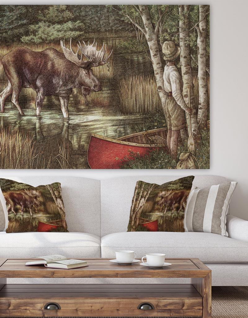 designq The Moose And The Man With THe Red Canoe - Traditional Canvas Art Print