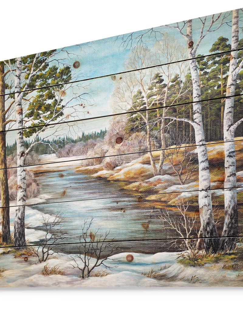 Designq The Spring Siberian River - Landscape Print On Natural Pine Wood