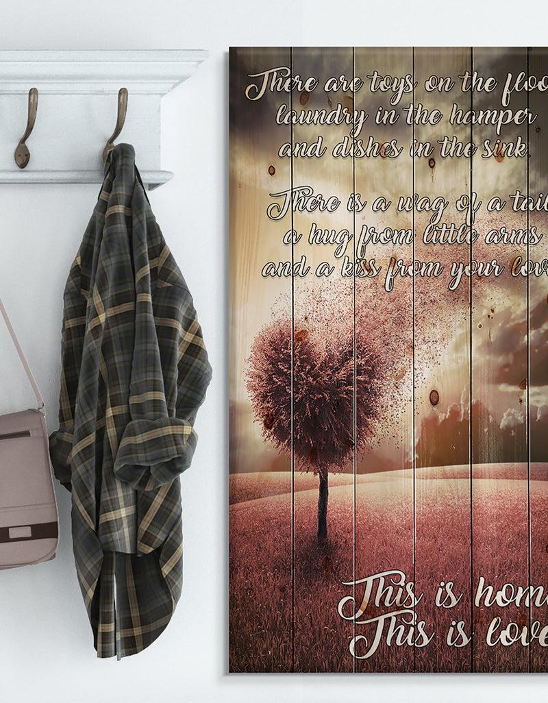 designq There toys on the floor. Pink Tree heart landscape - Textual Entrance Art on Wood Wall Art
