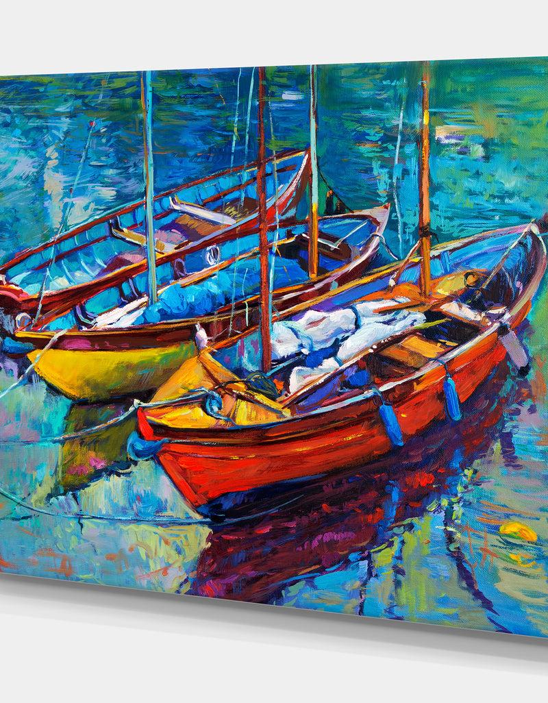 Designq Three Fishing Boat Oil Painting - Sea & Shore Painting Print On Wrapped Canvas