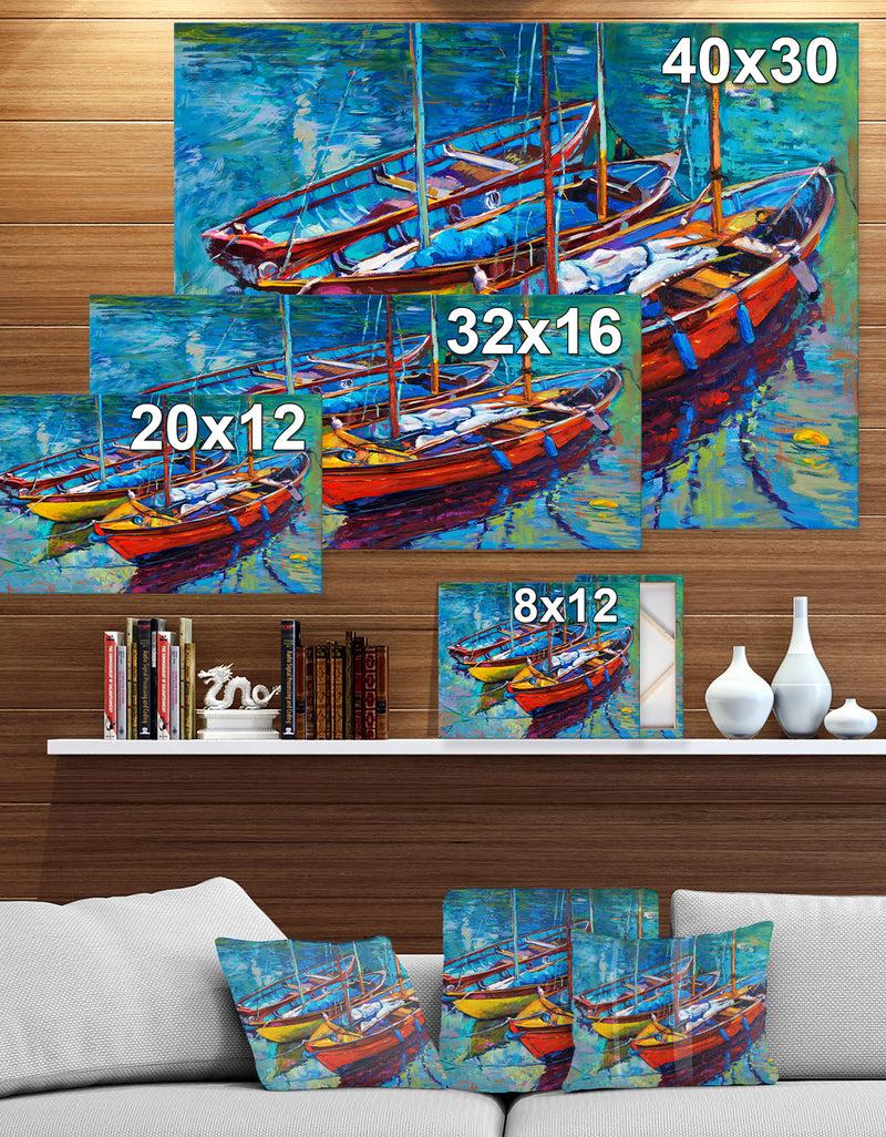 Designq Three Fishing Boat Oil Painting - Sea & Shore Painting Print On Wrapped Canvas