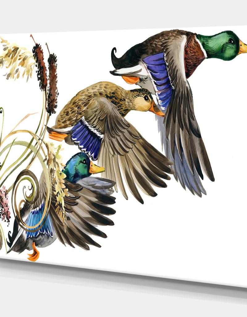 Designq Three Flying Ducks In Colored Illustration - Farmhouse Animal Painting Print On Wrapped Canvas
