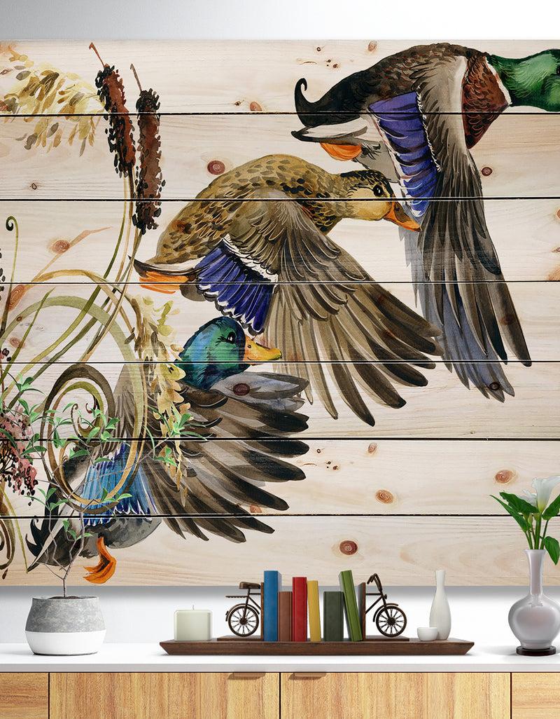 designq Three Flying Ducks in Colored illustration - Farmhouse Animal Painting Print on Natural Pine Wood
