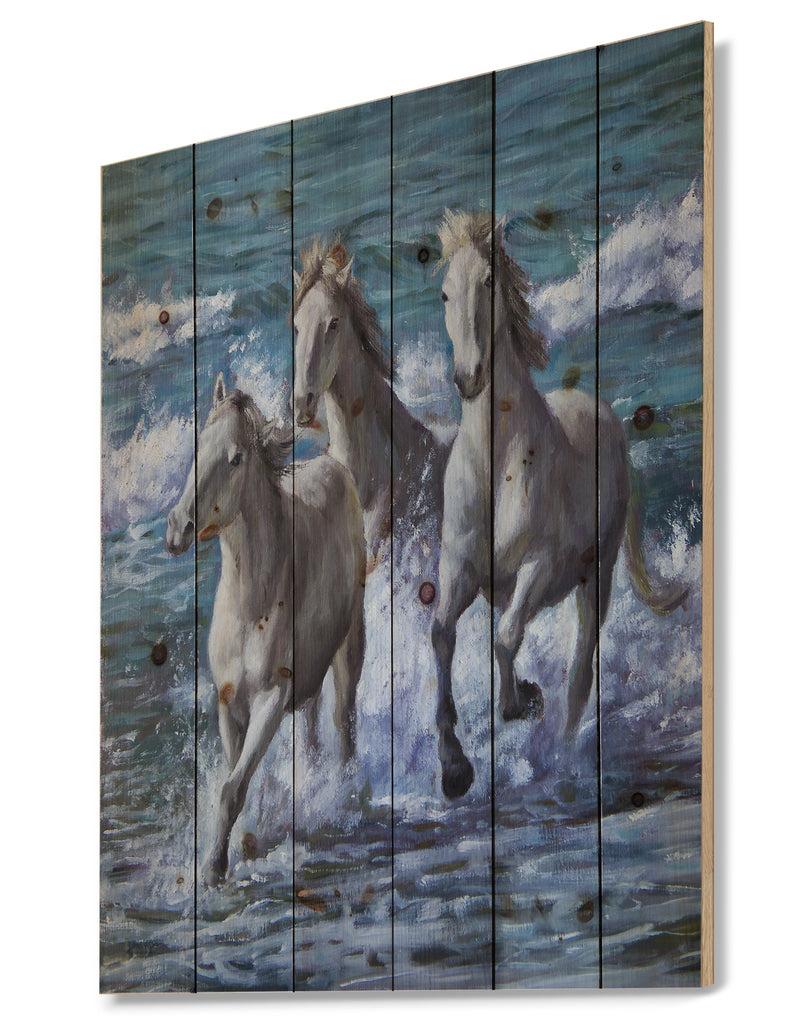 Designq Three Horses Running In Seaside - Farmhouse Animal Painting Print On Natural Pine Wood