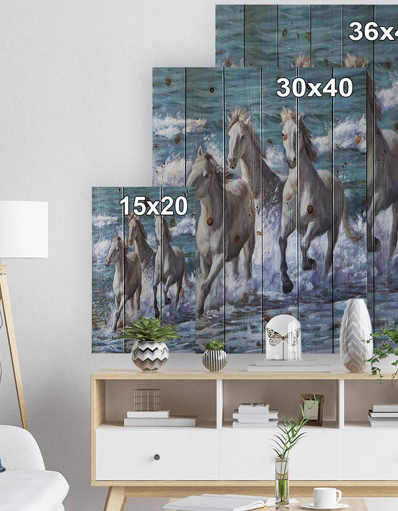 Designq Three Horses Running In Seaside - Farmhouse Animal Painting Print On Natural Pine Wood