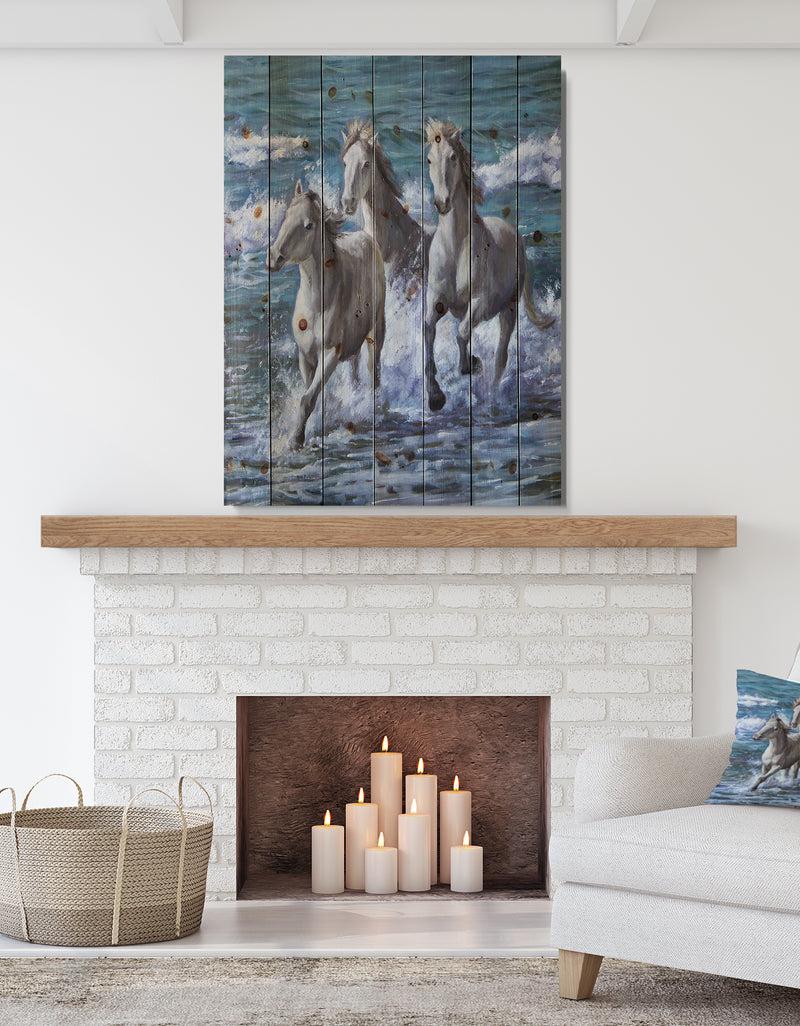 designq Three Horses Running in Seaside - Farmhouse Animal Painting Print on Natural Pine Wood