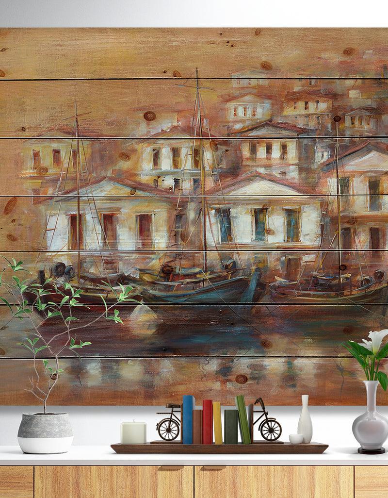 designq Three Old Fishing Boats in harbor - Sea & Shore Painting Print on Natural Pine Wood