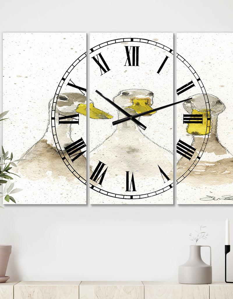 designq Three White Ducks - Large Farmhouse Wall Clock - 3 Panels