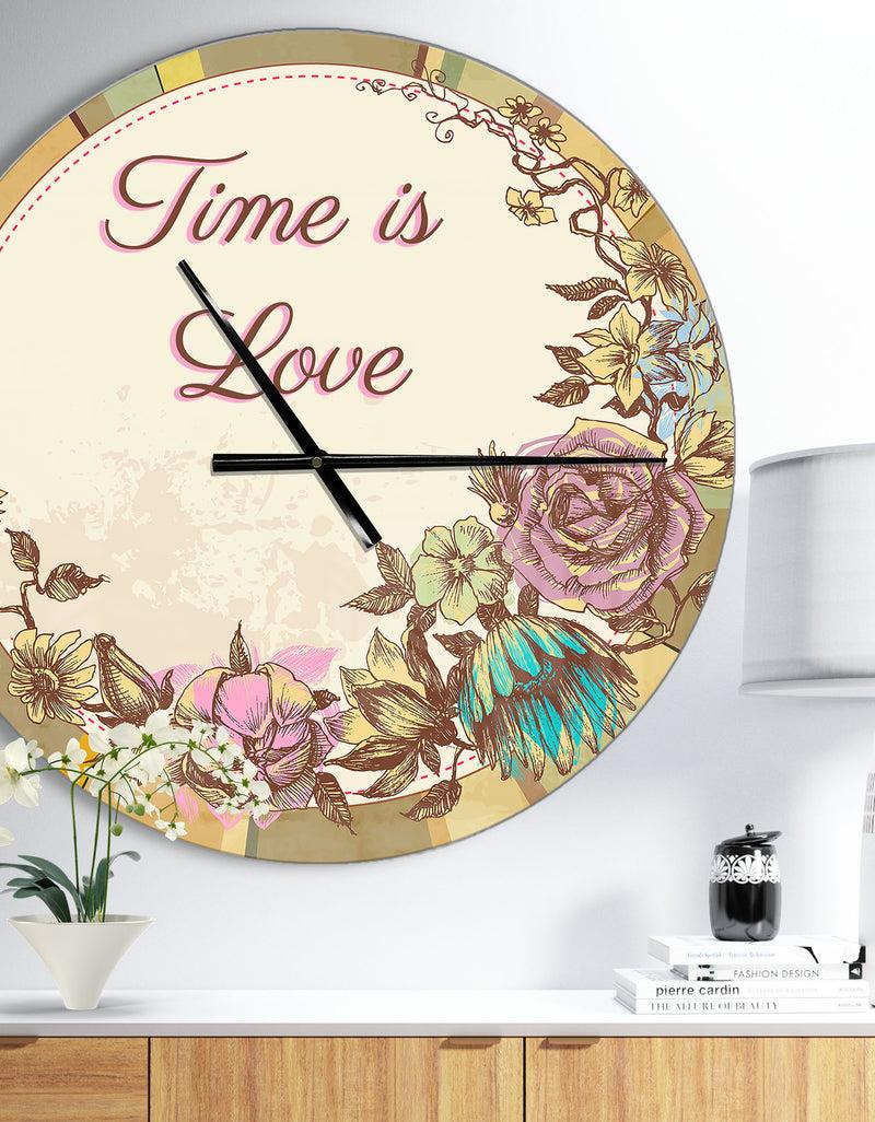 designq Time is Love Vintage Flower Wreath - Oversized Quote Wall CLock
