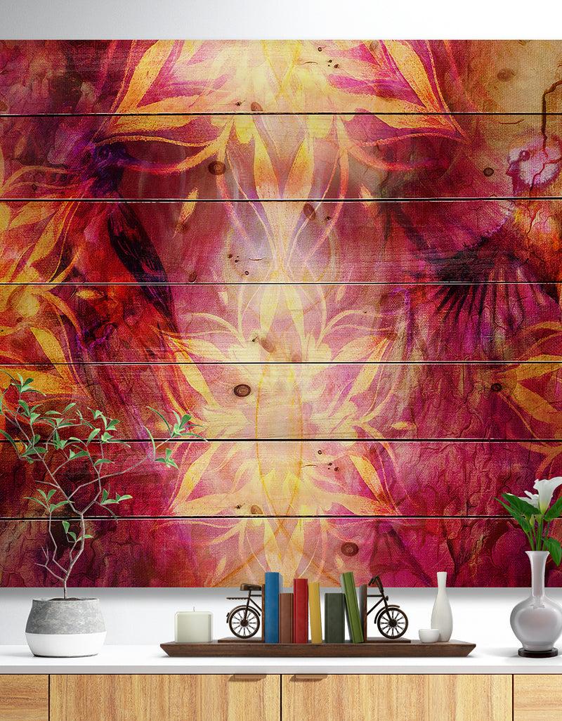 designq Titmouse Birds and Golden Mandala - Abstract Print on Natural Pine Wood