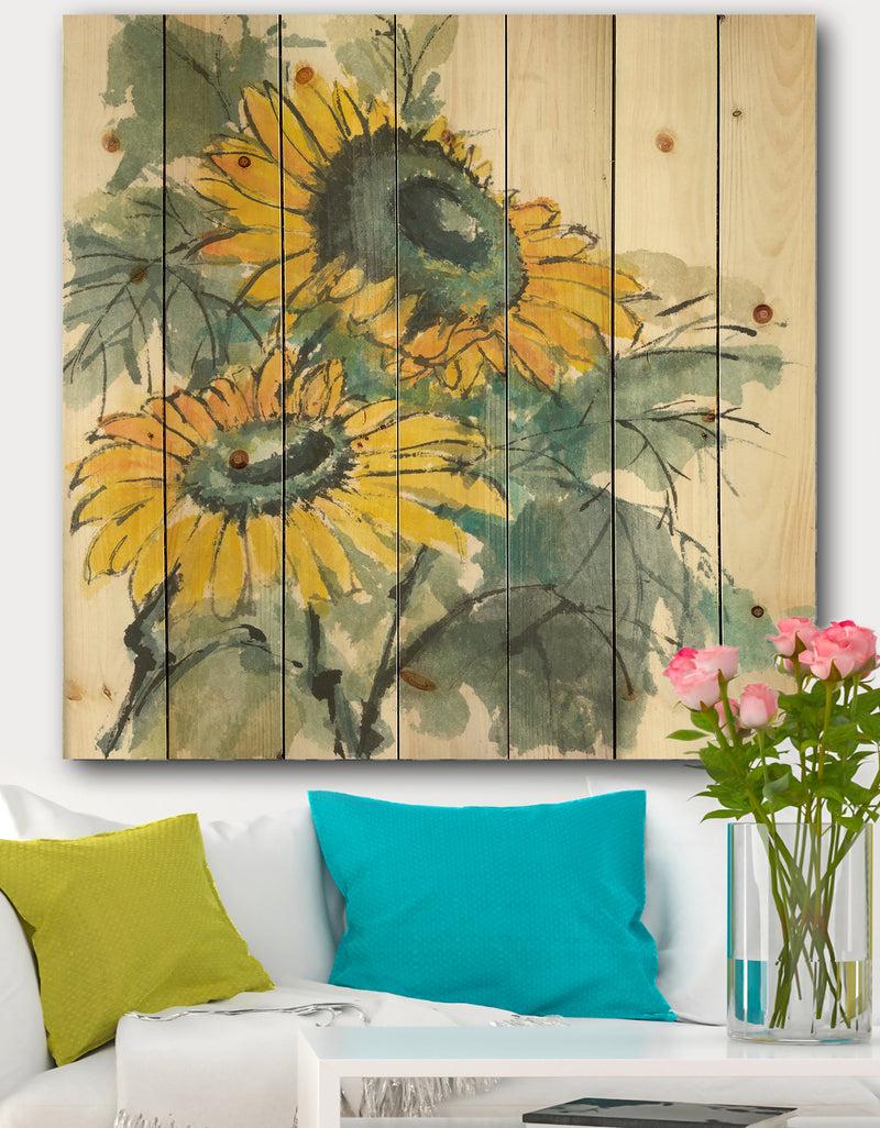 designq Tradionnal Sunflower I - Cabin & Lodge Print on Natural Pine Wood