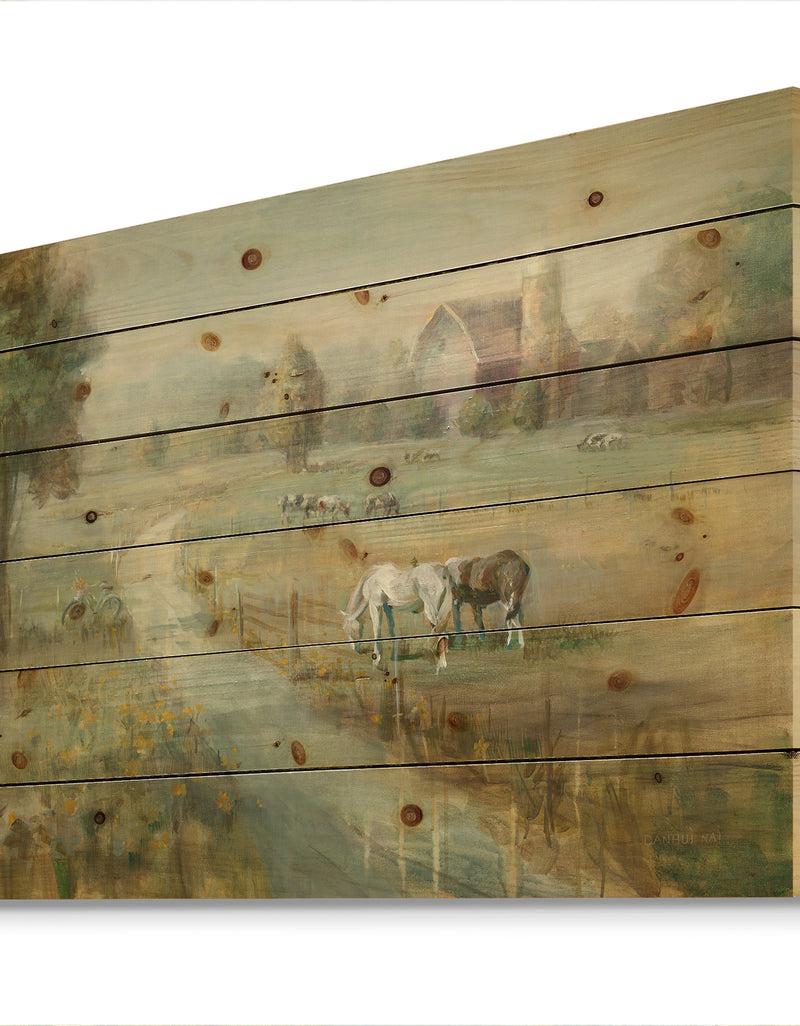 Designq Tranquil Country Field - Farmhouse Print On Natural Pine Wood