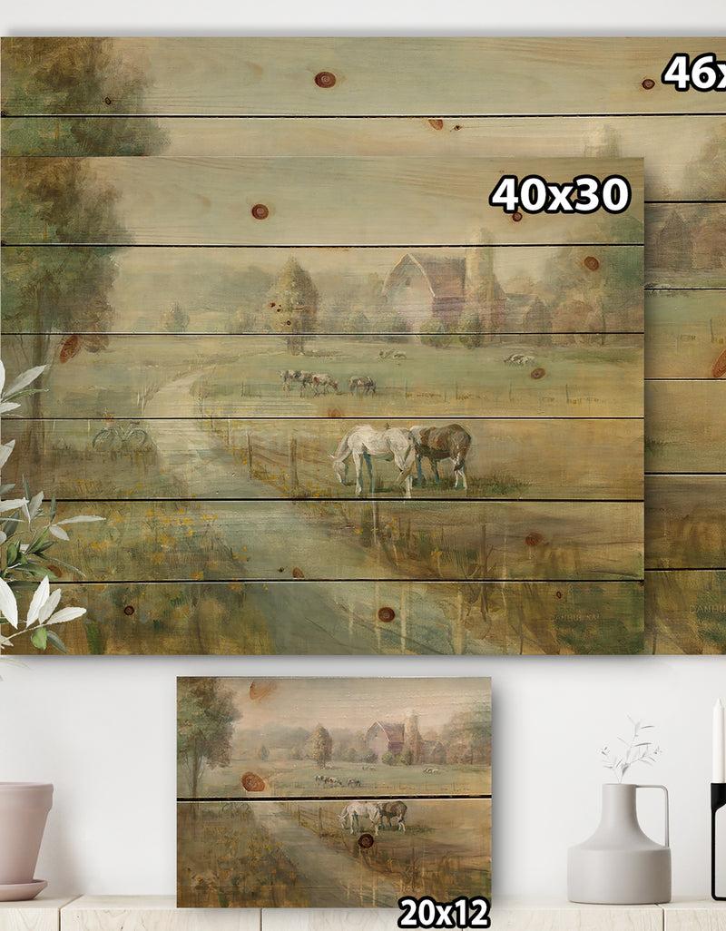 Designq Tranquil Country Field - Farmhouse Print On Natural Pine Wood