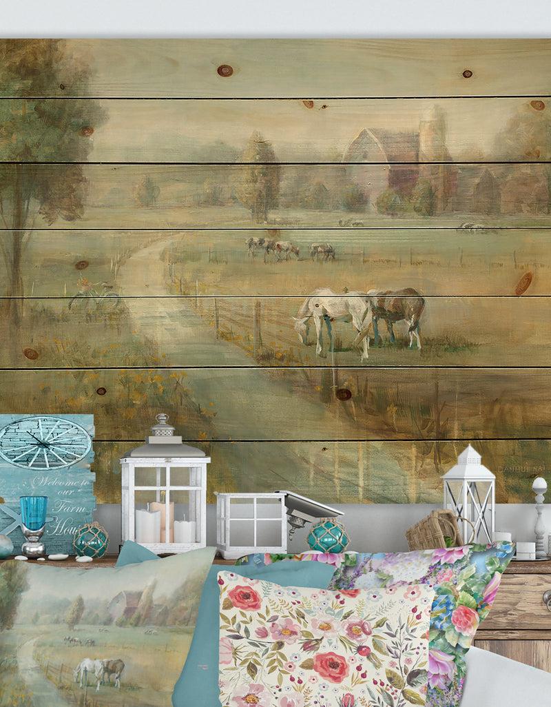 designq Tranquil Country Field - Farmhouse Print on Natural Pine Wood