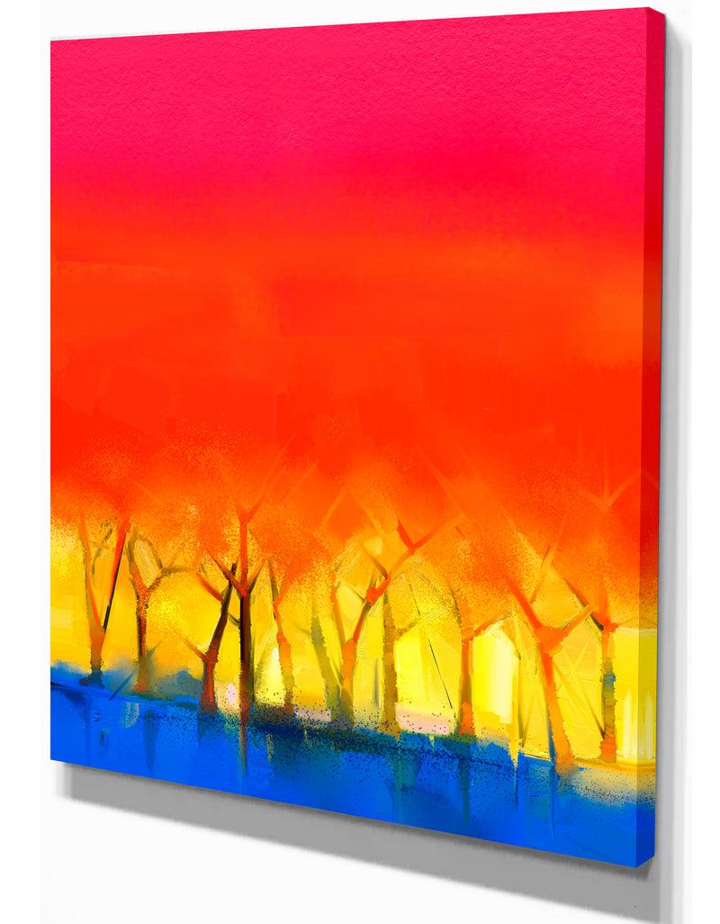Designq Tree And Red Sky Spring Season - Landscapes Painting Print On Wrapped Canvas