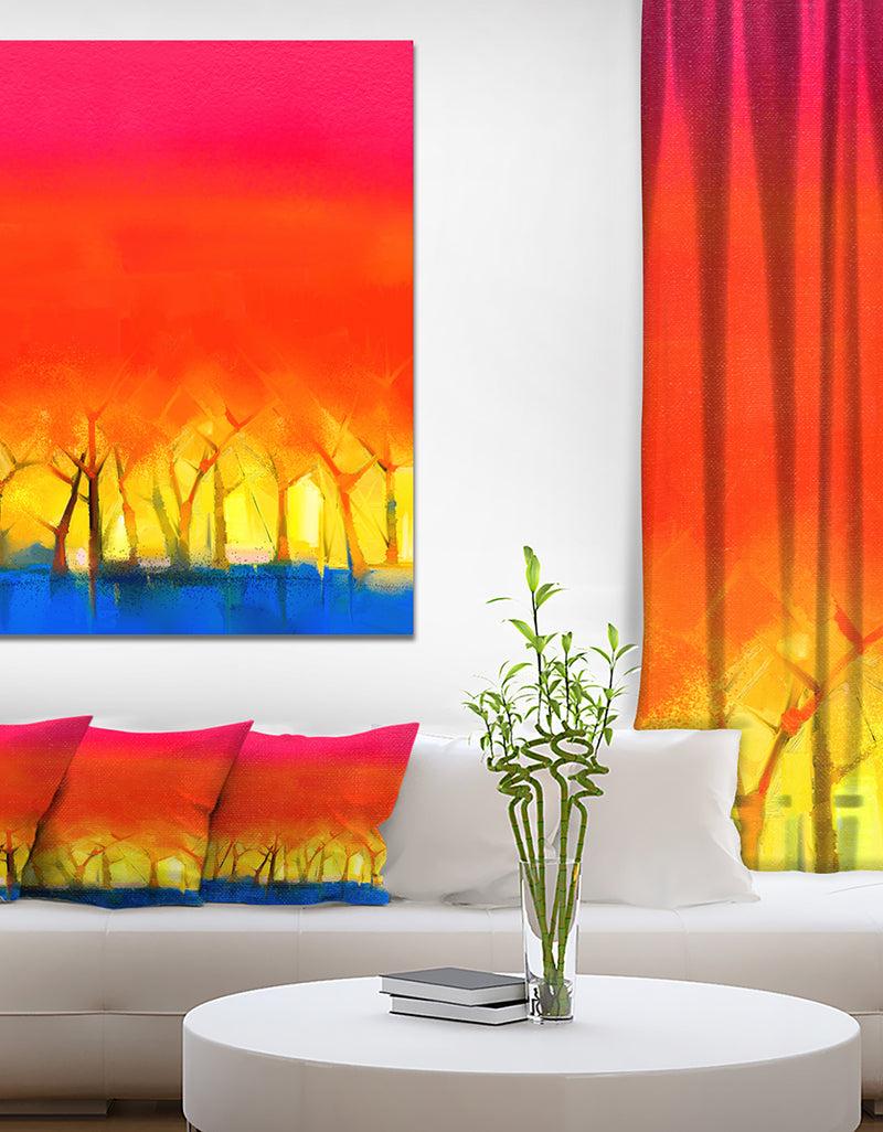 designq Tree and Red Sky Spring Season - Landscapes Painting Print on Wrapped Canvas