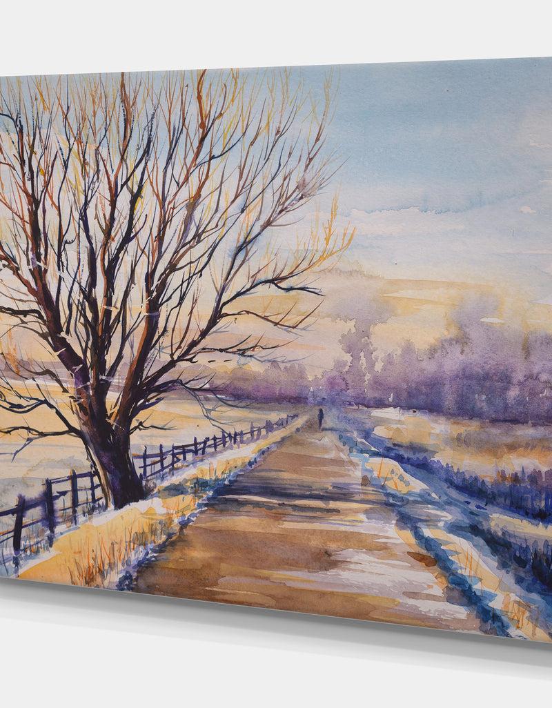 Designq Tree Close To The Road - Landscapes Painting Print On Wrapped Canvas