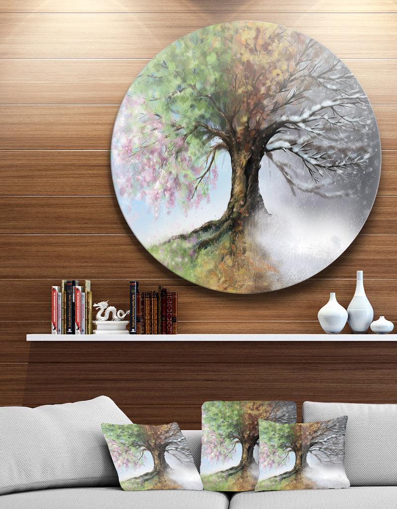 designq Tree with Four Seasons - Tree Painting Large Circle Metal Wall art