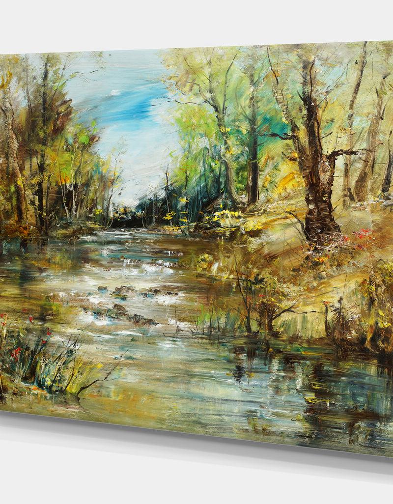Designq Trees By The River - Landscapes Painting Print On Wrapped Canvas