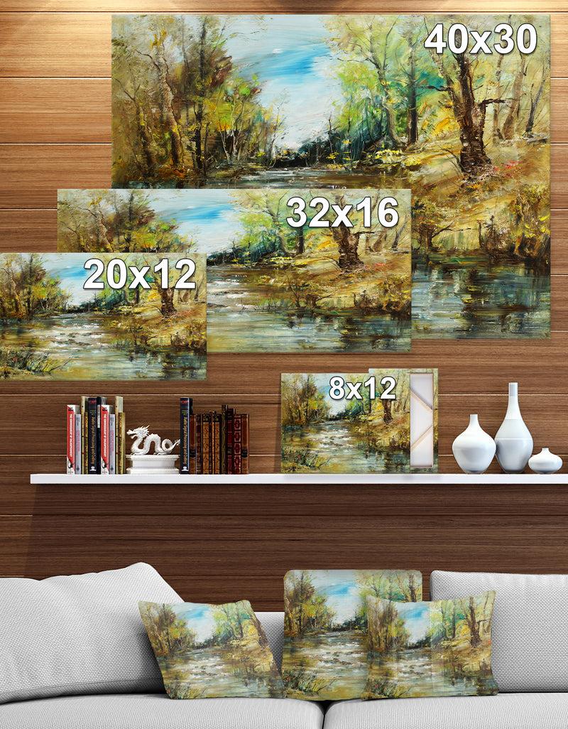 Designq Trees By The River - Landscapes Painting Print On Wrapped Canvas