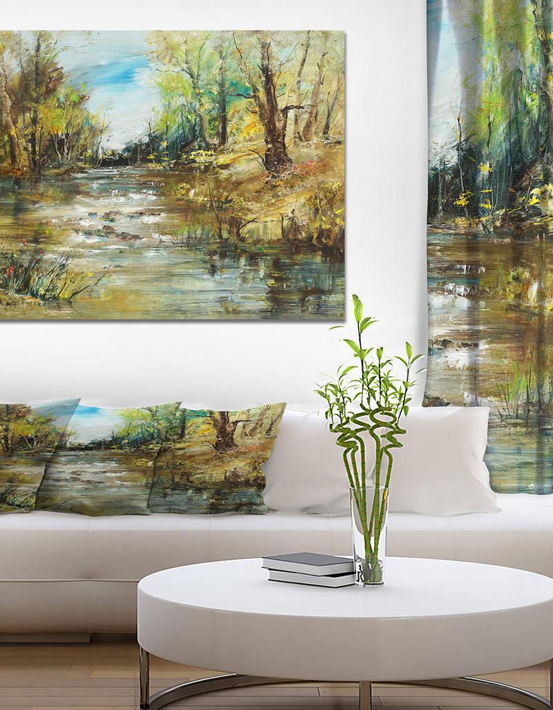 designq Trees by the River - Landscapes Painting Print on Wrapped Canvas