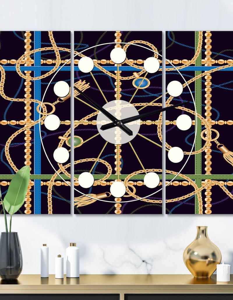 designq Trendy Gold Chain Pattern - Oversized Mid-Century wall clock - 3 Panels