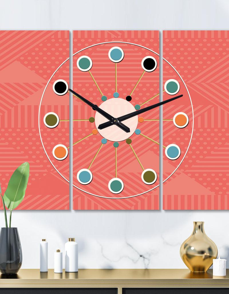 designq Triangual Retro Coral Pattern - Oversized Mid-Century wall clock - 3 Panels