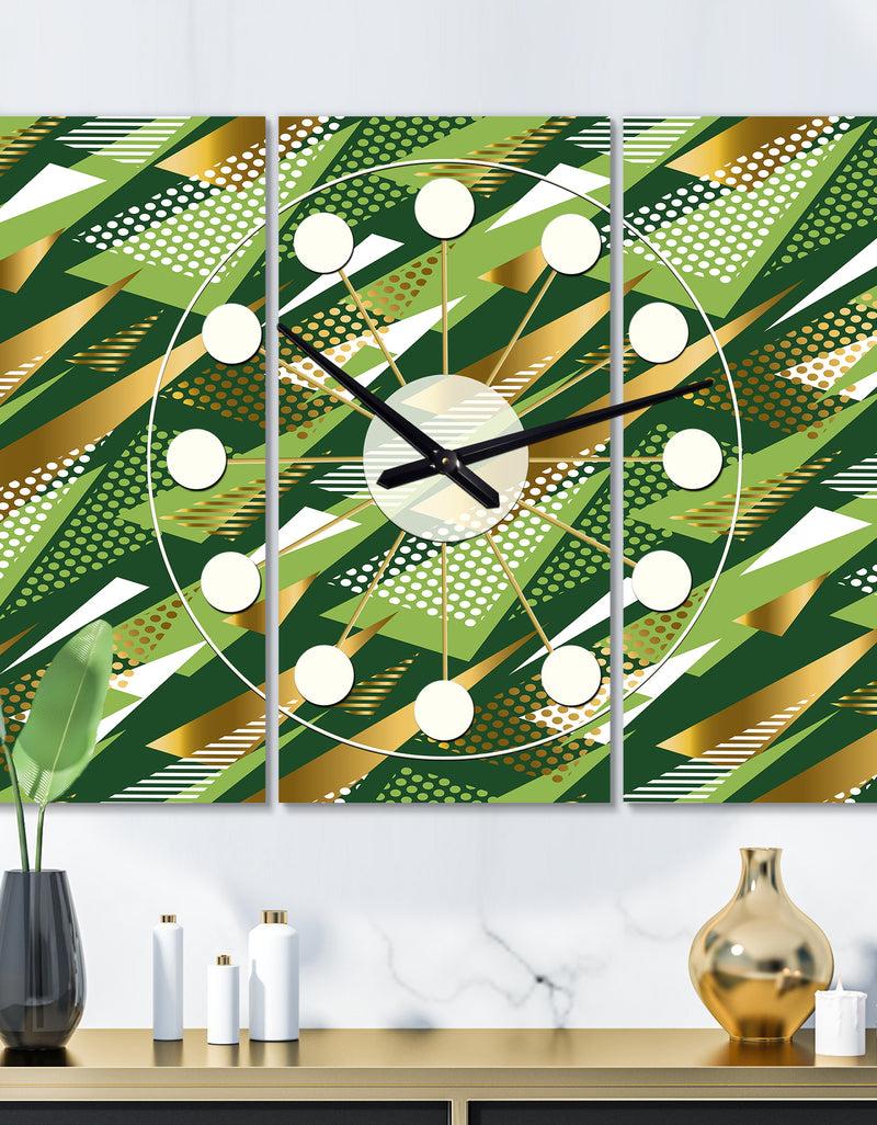 designq Triangular Gold and Green Design I - Oversized Mid-Century wall clock - 3 Panels