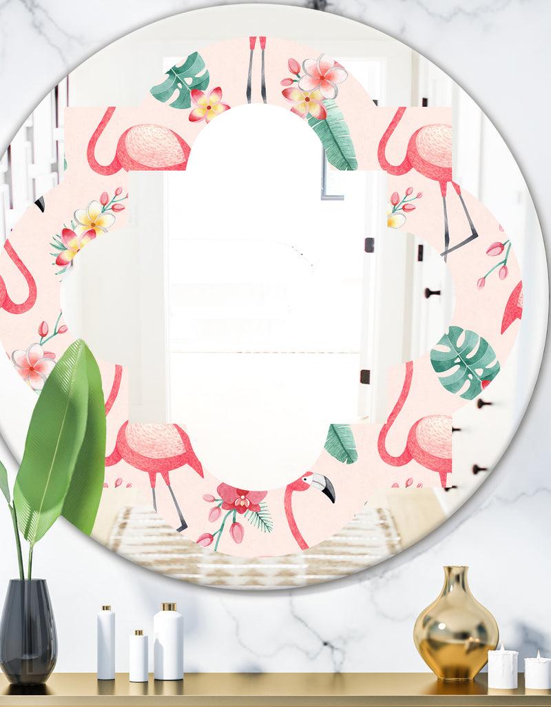 designq Tropical Botanicals Flowers and Flamingo II - Modern Round or Oval Wall Mirror - Quatrefoil