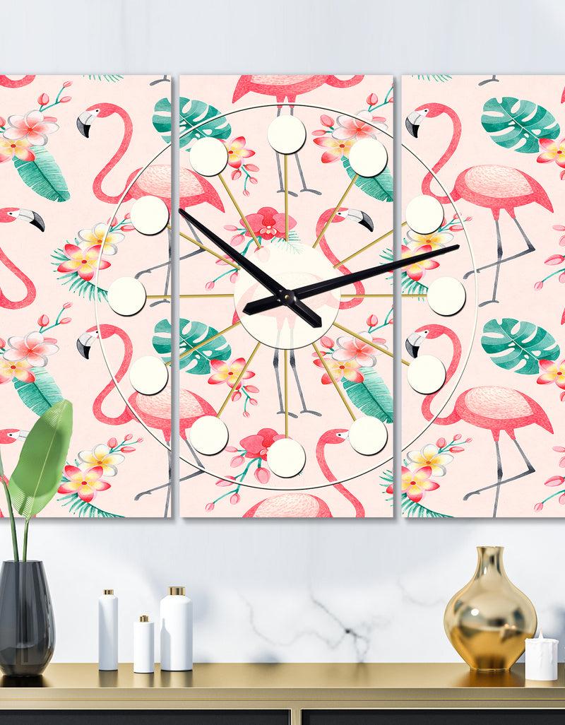 designq Tropical Botanicals Flowers and Flamingo II - Oversized Mid-Century wall clock - 3 Panels