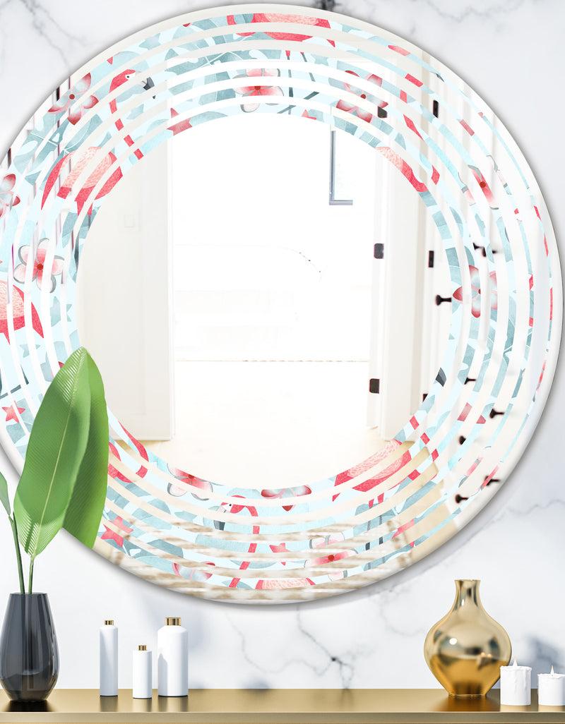 designq Tropical Botanicals Flowers and Flamingo III - Modern Round or Oval Wall Mirror - Wave
