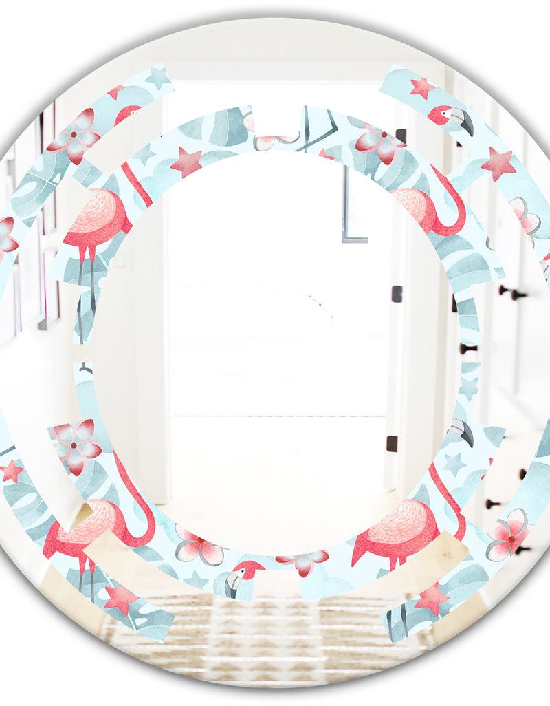Designq Tropical Botanicals Flowers And Flamingo III - Modern Round Or Oval Wall Mirror - Space