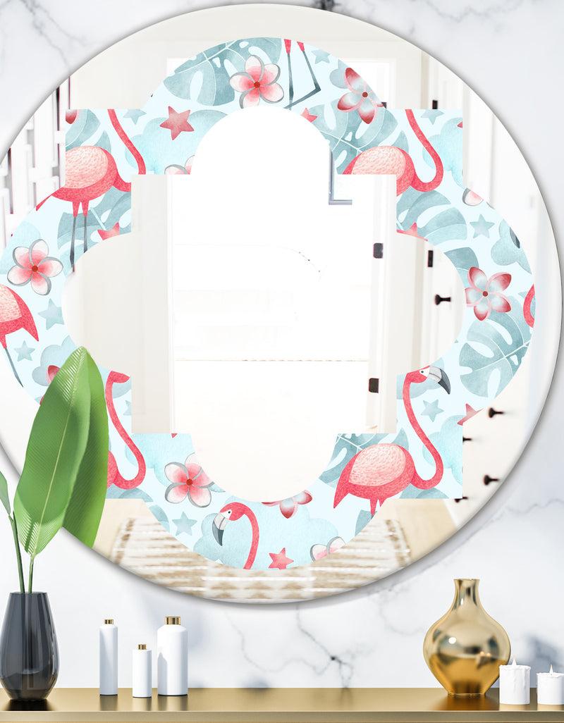 designq Tropical Botanicals Flowers and Flamingo III - Modern Round or Oval Wall Mirror - Quatrefoil