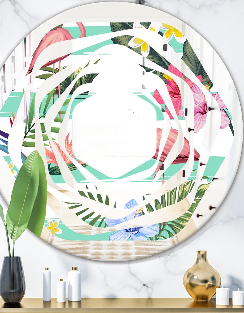designq Tropical Botanicals Flowers and Flamingo - Modern Round or Oval Wall Mirror - Whirl