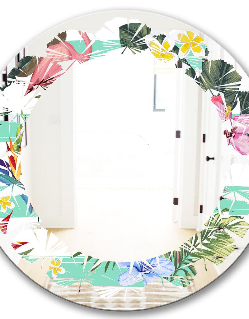 Designq Tropical Botanicals Flowers And Flamingo - Modern Round Or Oval Wall Mirror - Leaves