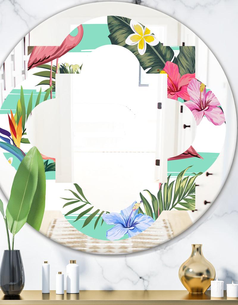 designq Tropical Botanicals Flowers and Flamingo - Modern Round or Oval Wall Mirror - Quatrefoil