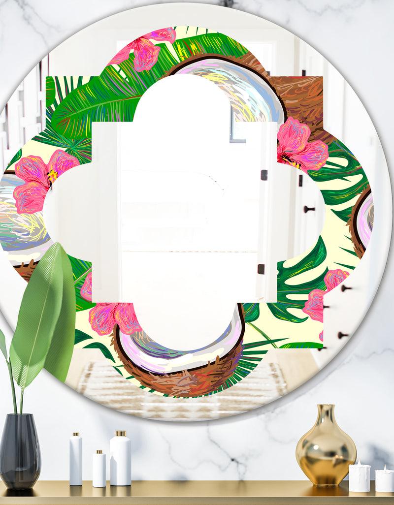 designq Tropical Cooconut and Jungle Flowers - Modern Round or Oval Wall Mirror - Quatrefoil