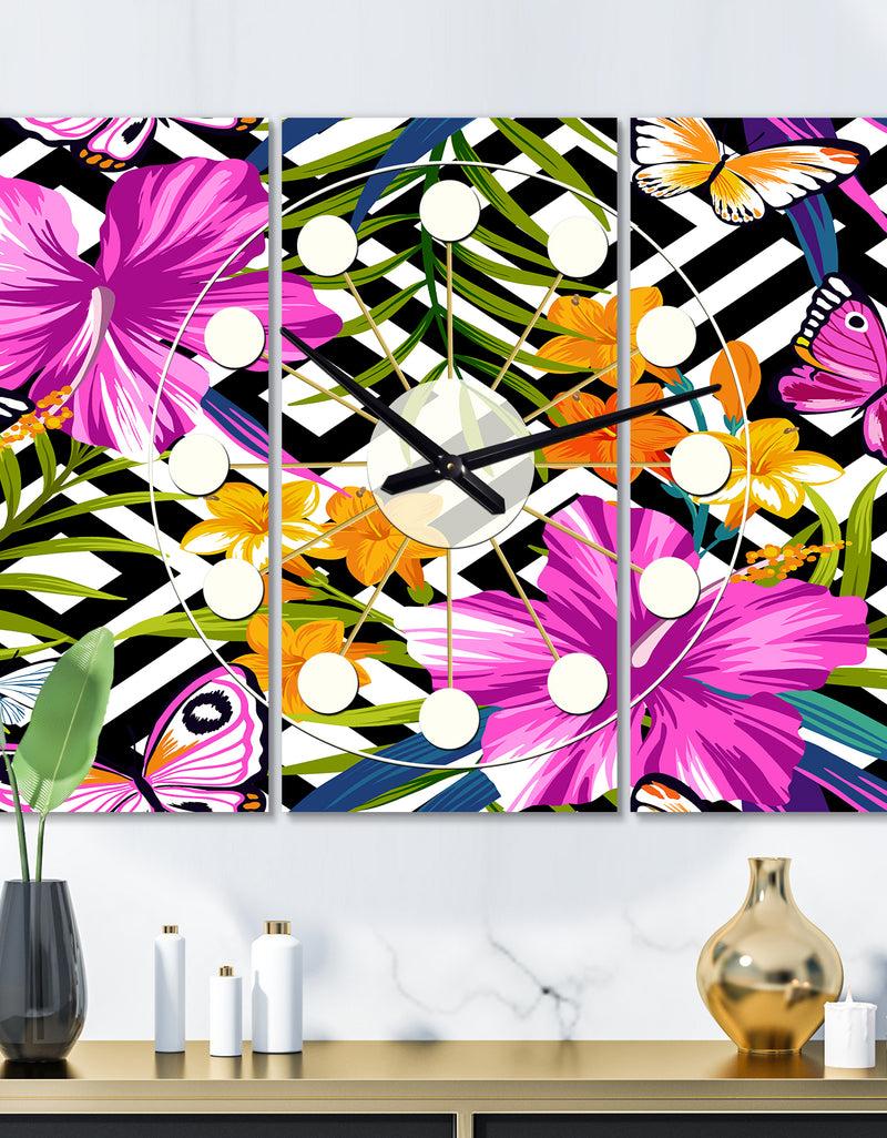designq Tropical Foliage and Geometrics - Oversized Mid-Century wall clock - 3 Panels