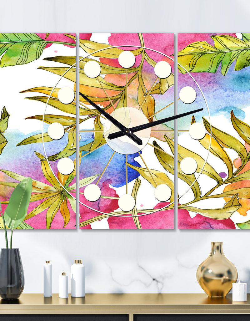 designq Tropical Foliage IV - Oversized Mid-Century wall clock - 3 Panels