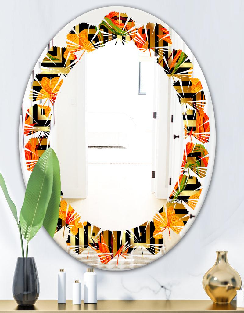 Designq Tropical Gold Luxury Pattern III - Modern Round Or Oval Wall Mirror - Leaves