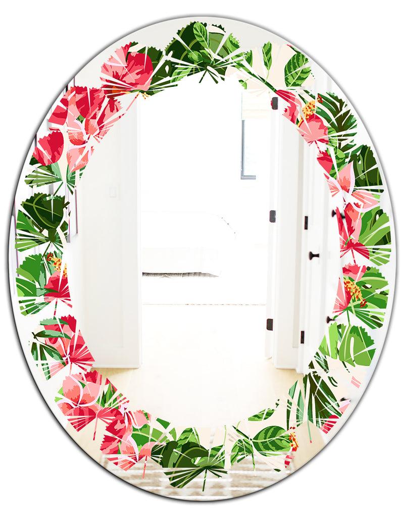 Designq Tropical Leaves And Flowers I - Cottage Round Or Oval Wall Mirror - Leaves
