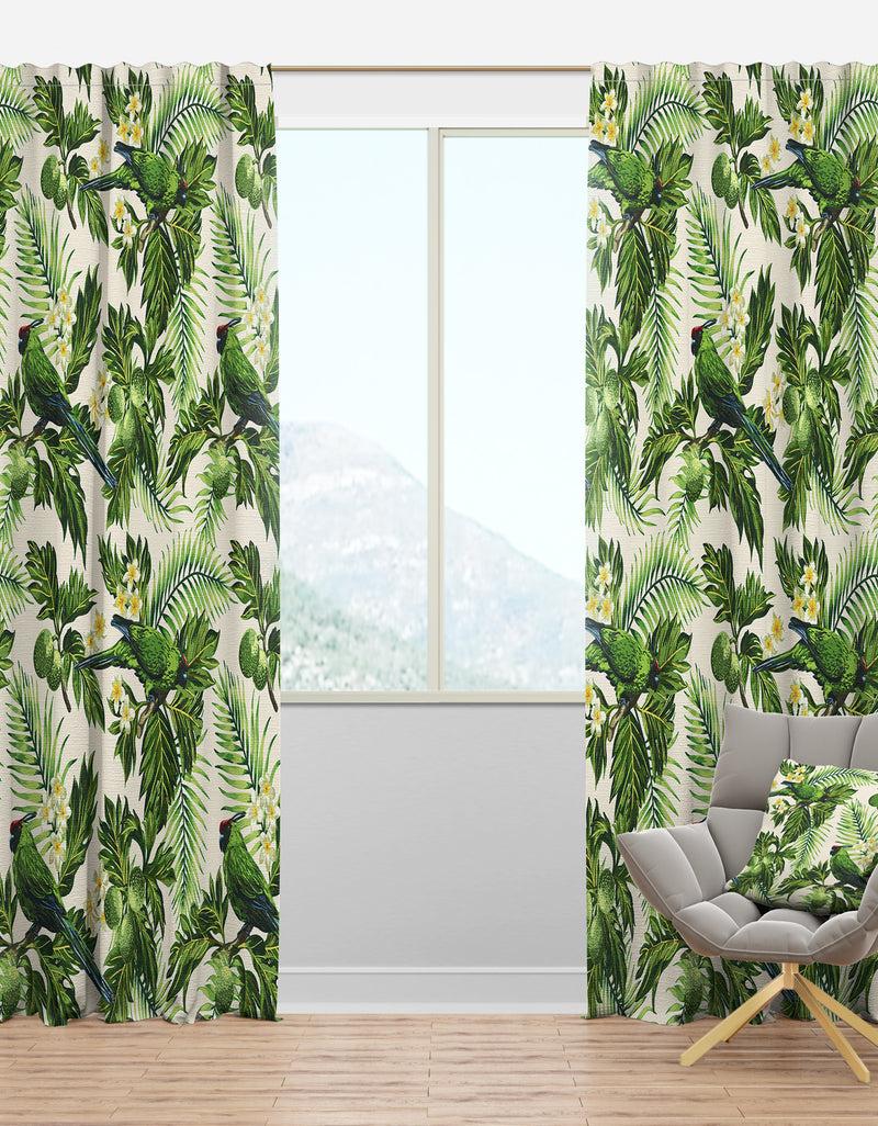 designq Tropical Leaves Green Bird and White Flowers - Animals Curtain Panels