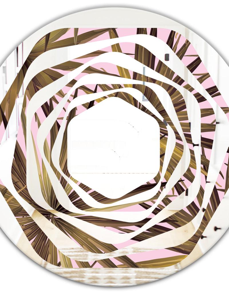 Designq Tropical Leaves On Pink - Modern Round Or Oval Wall Mirror - Whirl