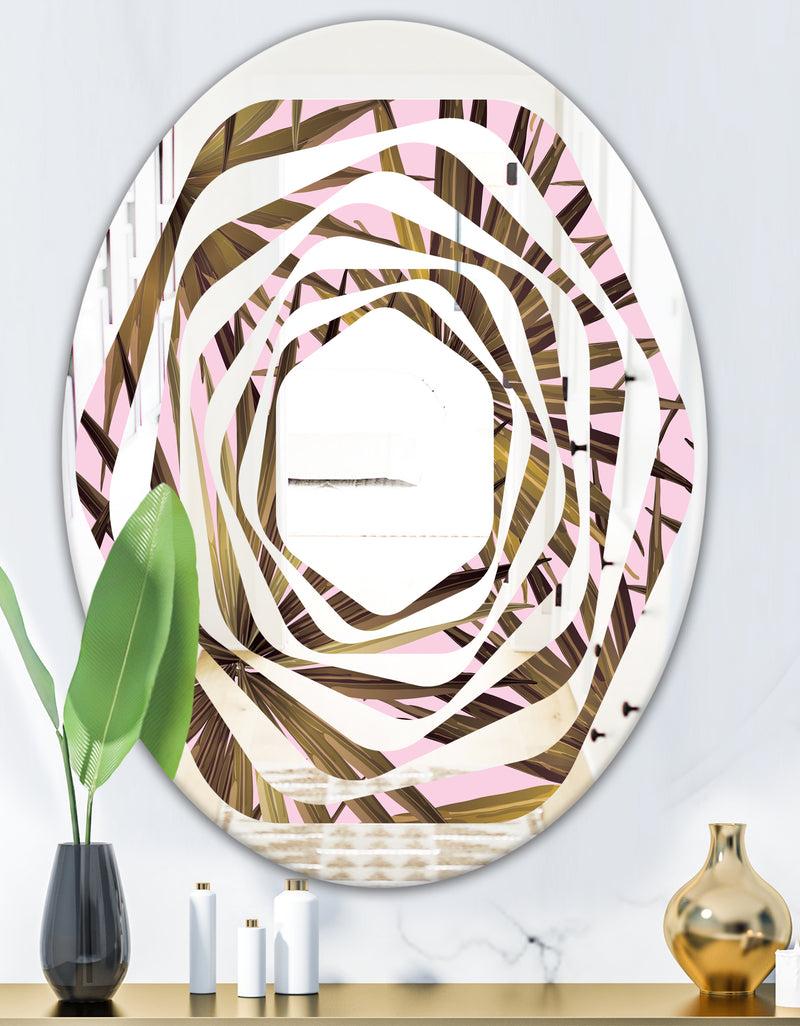 Designq Tropical Leaves On Pink - Modern Round Or Oval Wall Mirror - Whirl
