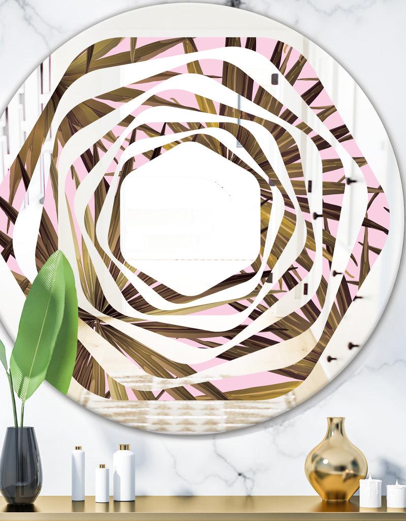 designq Tropical Leaves On Pink - Modern Round or Oval Wall Mirror - Whirl