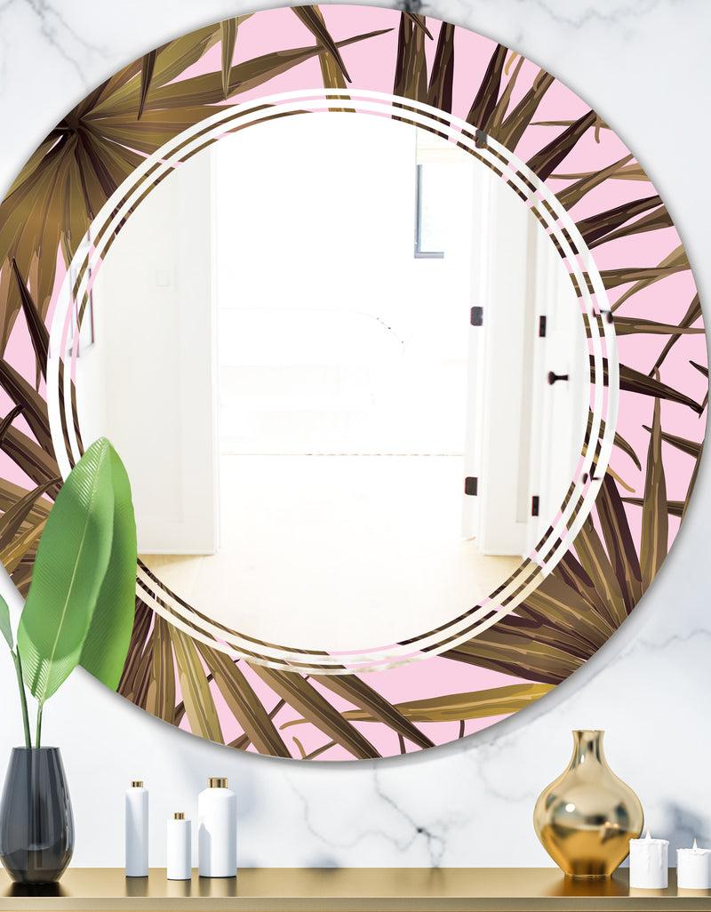 designq Tropical Leaves On Pink - Modern Round or Oval Wall Mirror - Triple C